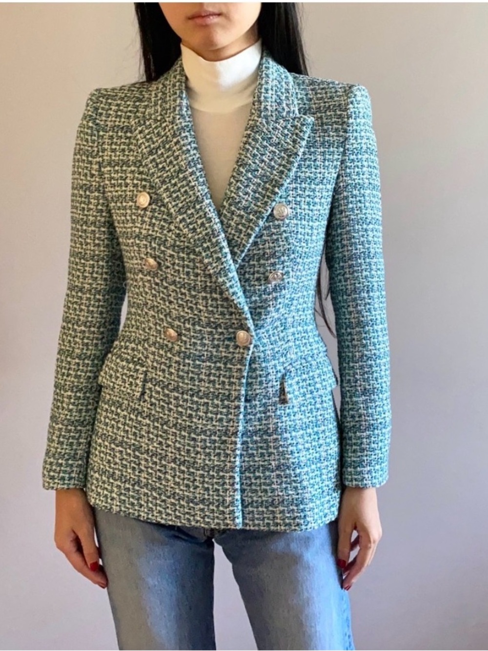 Zara Teal, Blue and White Tweed Double-Breasted Blazer